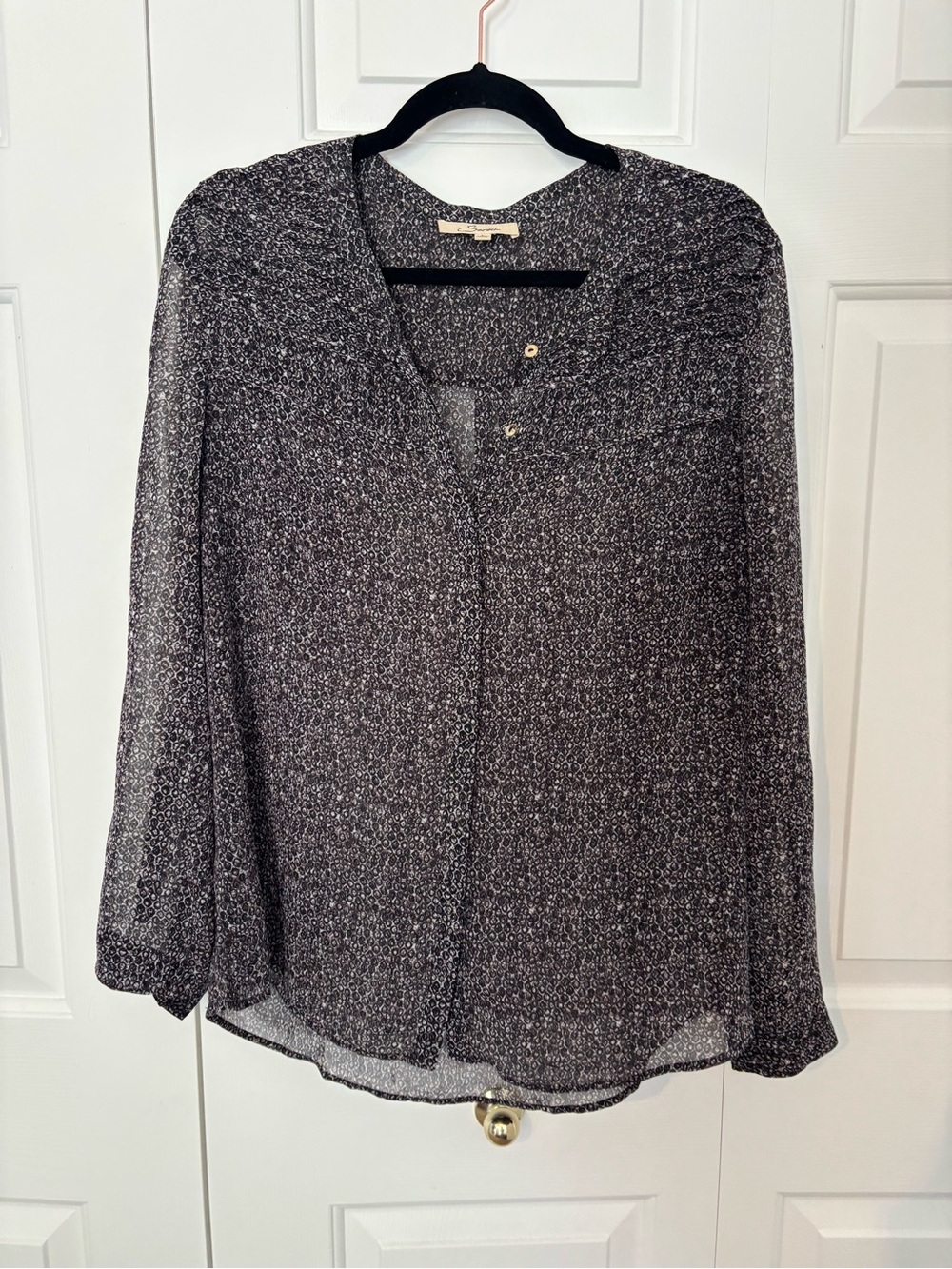 Sheer Black Floral-Print Blouse with V-Neck